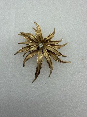 Vintage Boucher Gold Tone Flower Brooch Pin with Rhinestone Center